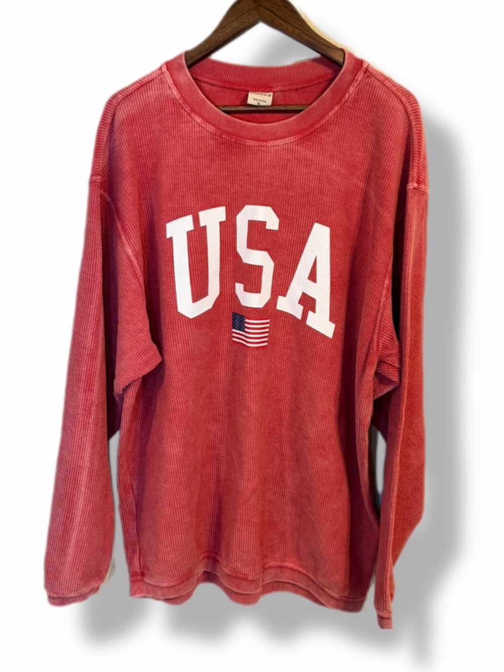 Chicka-d USA Corded Crewneck Pullover XL Red Vintage Wash Oversized Sweatshirt